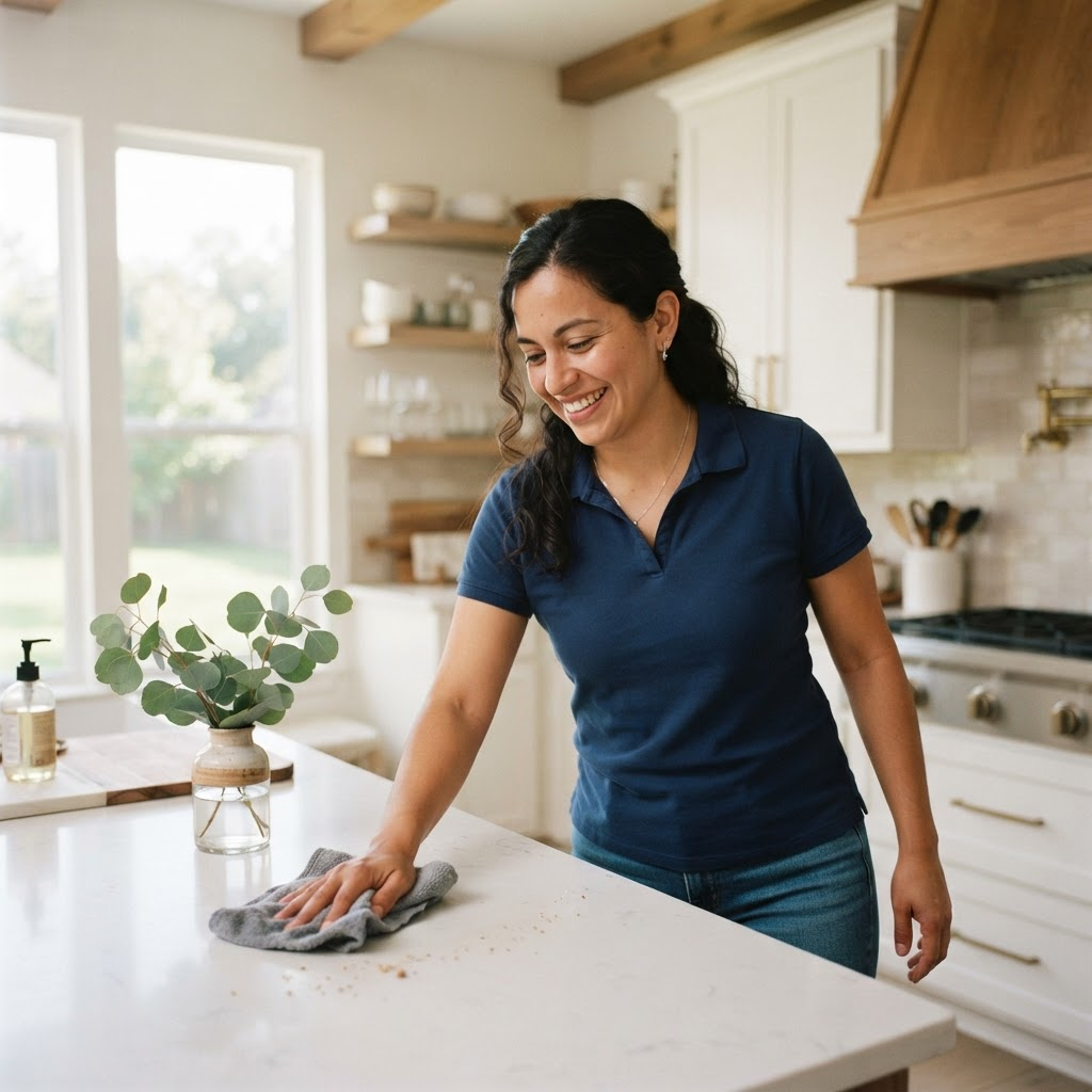 A Swan North cleaner in a navy shirt wiping down a bright farmhouse kitchen counter