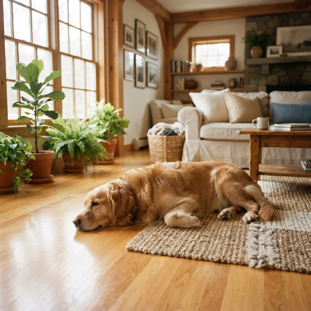 A relaxed golden retriever resting on clean hardwood floors