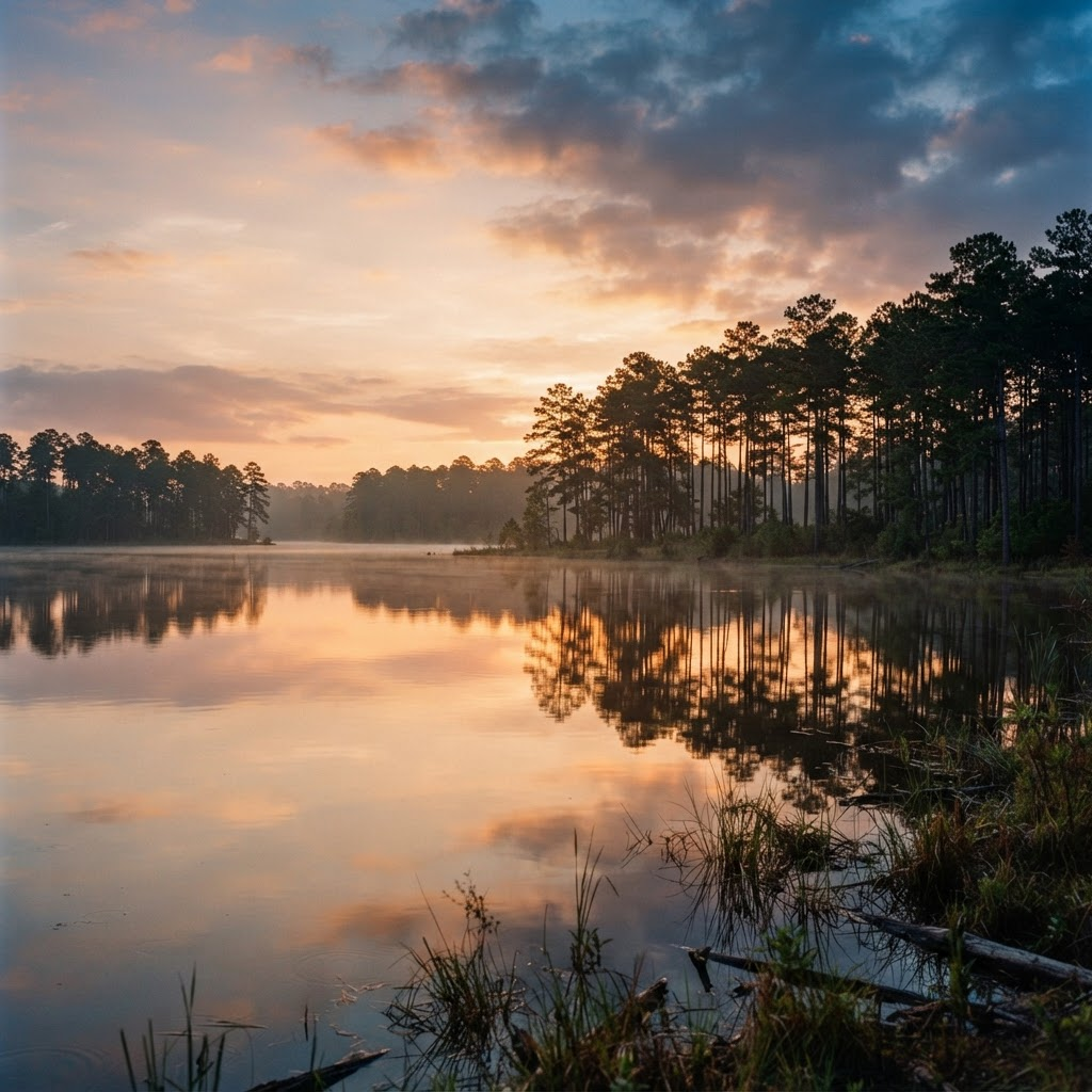 Tall pines reflected on calm Lake Conroe at golden hour