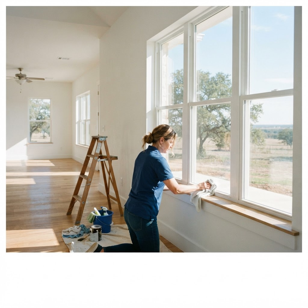 A Swan North team member wiping fine construction dust from a windowsill in a brand-new North Houston home